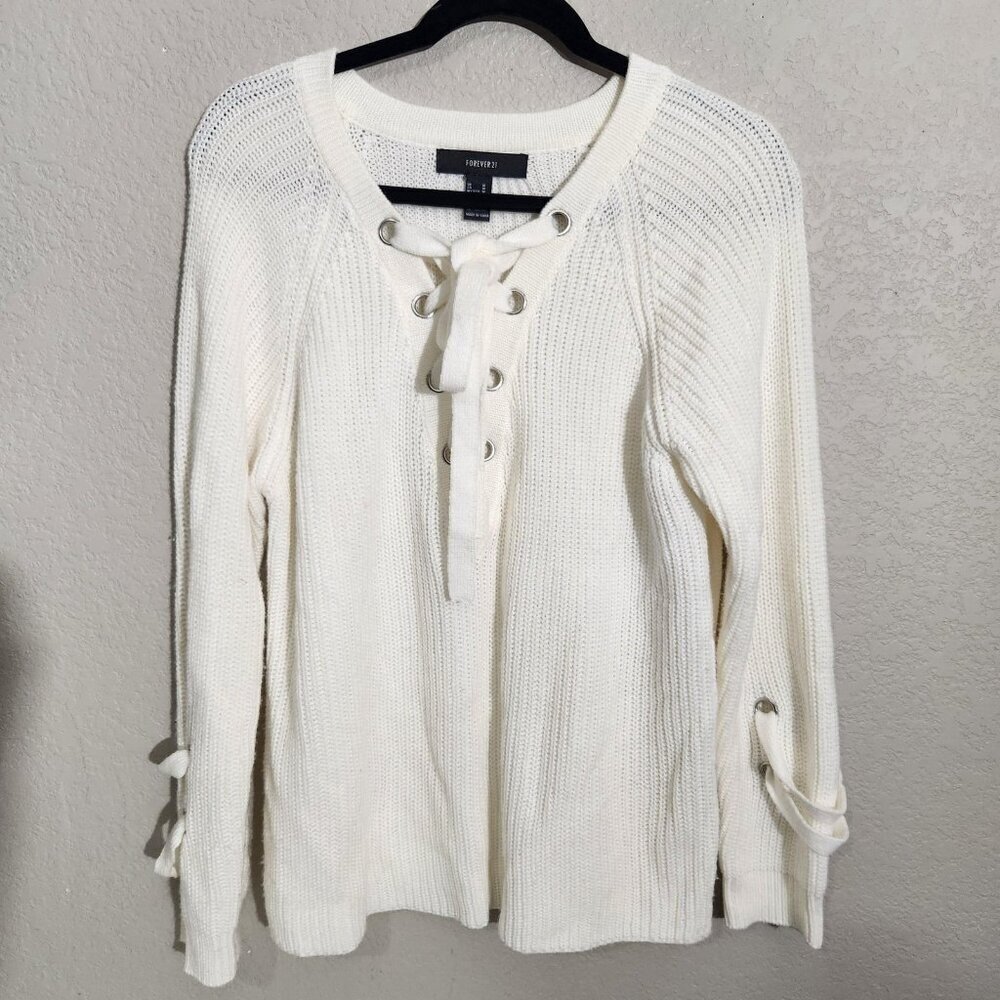 Forever 21 Sweater Womens Medium White Knit Long Sleeve Pullover Grommet Y2K